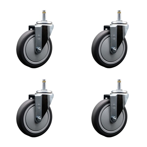 5'' Thermoplastic Rubber Wheel Swivel 7/16'' Grip Ring Stem Caster Set, 4PK
